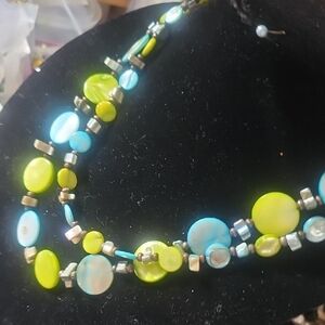 Chartreuse and Blue Shells Beaded Necklace